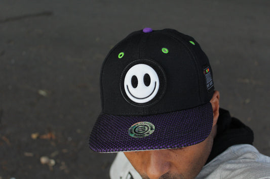 Element Of Danger - Happy Face Baseball Cap (Flat Visor) w. 3M Night Reflective Grey Happy Face Fusion Patch (Black/Purple/Irish Green)
