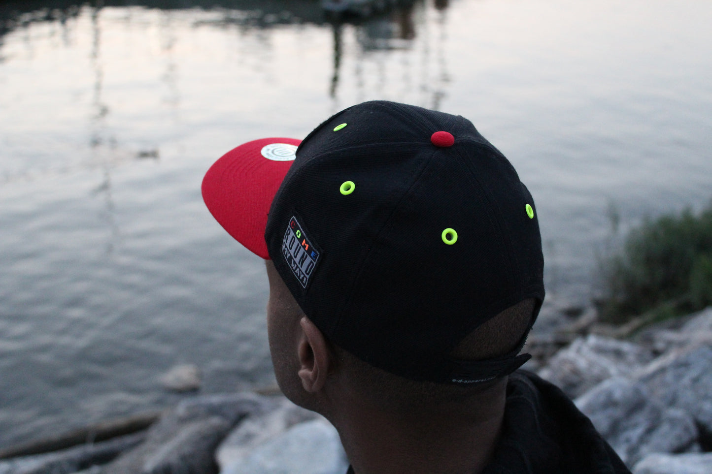 Element Of Danger - Happy Face Baseball Cap (Flat Visor) w. Ultra High Gloss Black Fusion Patch (Black/Red/Neon Yellow)
