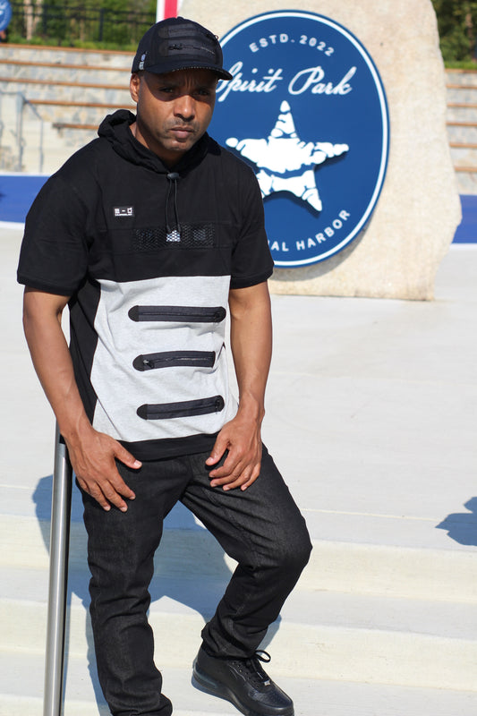 Element Of Danger - 3 BLOCK 3 Zipper Premium Combed Cotton 6oz. Short Sleeve Hoodie T-Shirt (BLK/GREY BELLY)