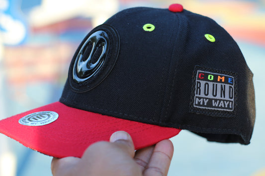 Element Of Danger - Happy Face Baseball Cap (Flat Visor) w. Ultra High Gloss Black Fusion Patch (Black/Red/Neon Yellow)